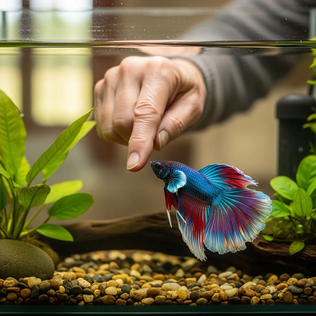 A senior interacts with a betta fish, showcasing the calming effect of aquarium keeping.