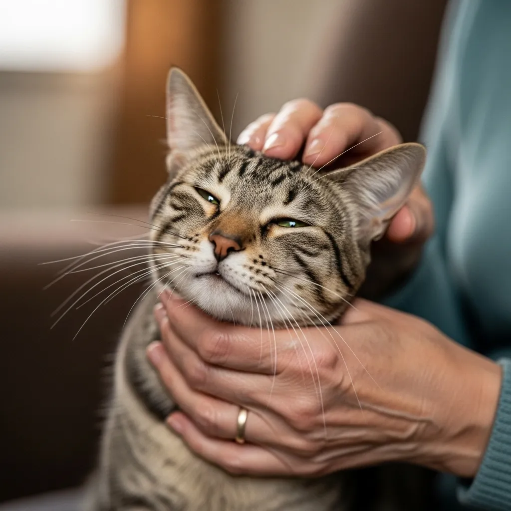 Senior person pets a content cat indoors.