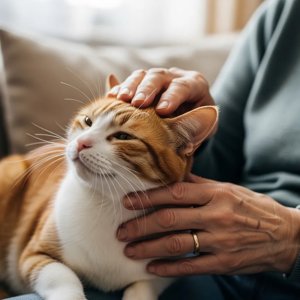 Senior person gently petting a cat, emphasizing the bond and tactile comfort.