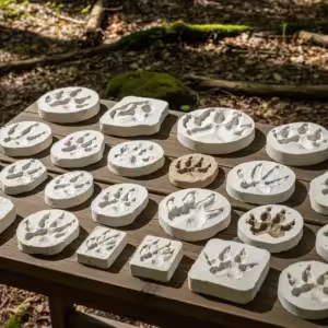 Collection of plaster casts of different animal tracks.