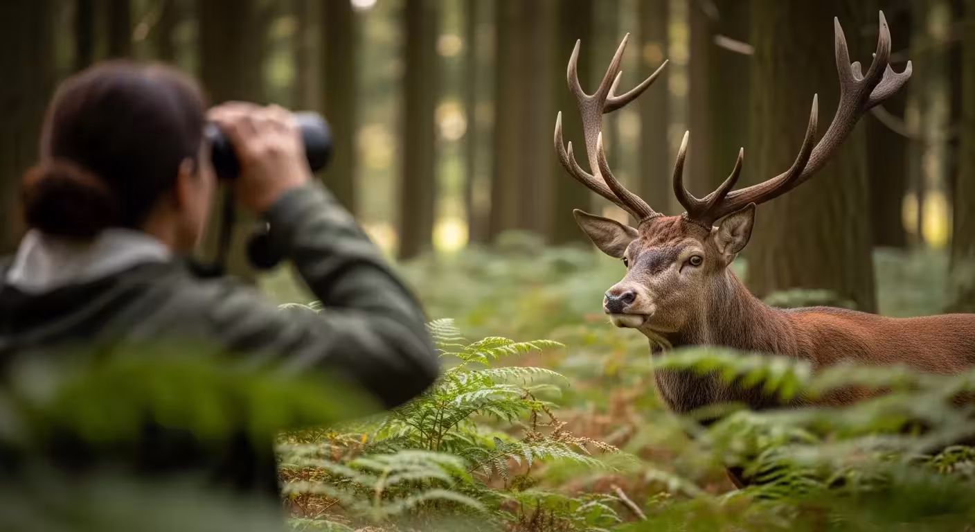 Tracker observing wildlife from a safe distance using binoculars.
