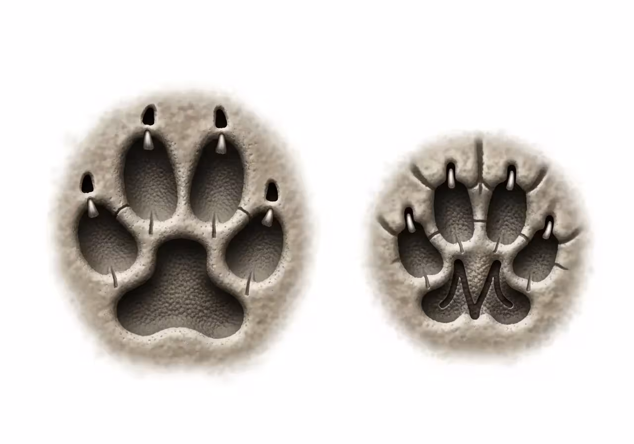 Canine and feline track comparison, showing differences in shape, size, and claw visibility.