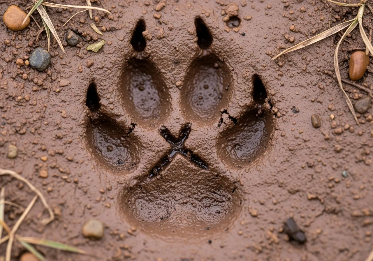 Coyote track in mud, highlighting the X shape. 2.5 inches long, 2 inches wide.