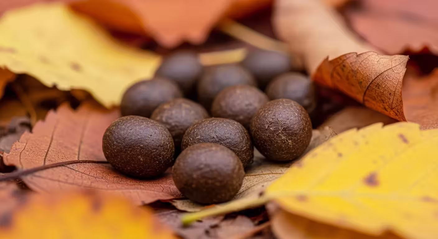 Pile of deer scat among leaves. Dark, pellet-like droppings resembling raisins.