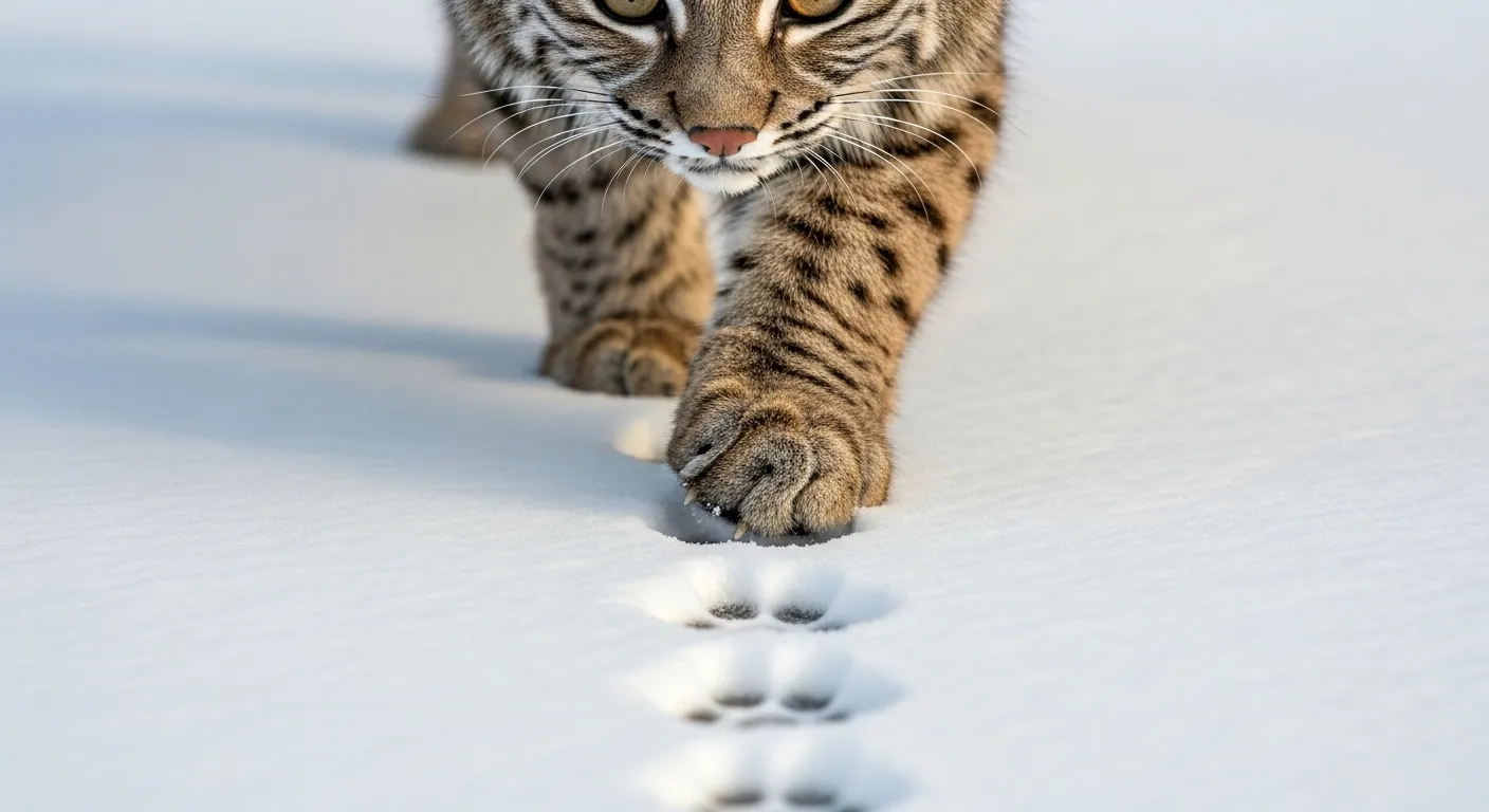 Bobcat's direct register gait in snow, hind paws matching front paws.