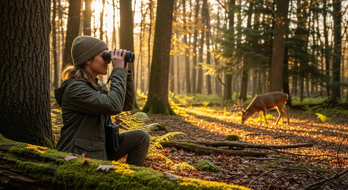 Person with binoculars observing a deer from a safe distance.