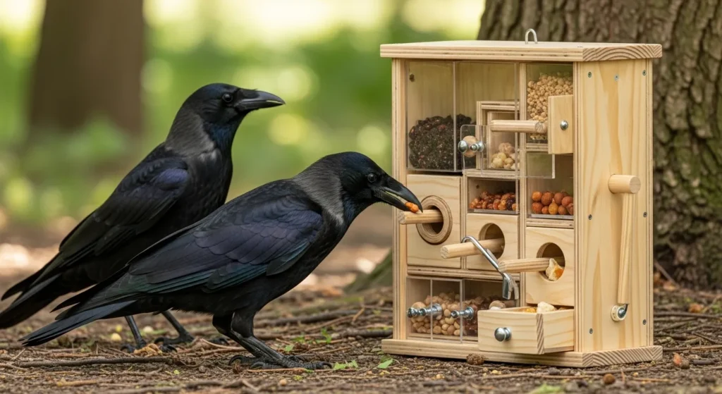 Crows interacting with a puzzle feeder, demonstrating problem-solving and social learning.