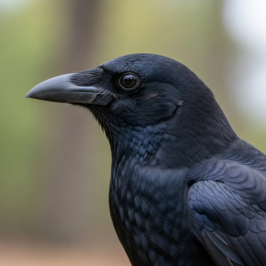 Profile view of an American Crow, highlighting its black plumage, strong beak, and intelligent gaze.
