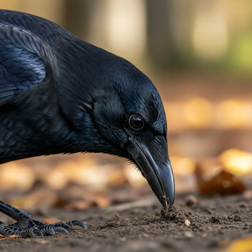 Close-up of a crow's head, highlighting its relatively large size compared to its body.