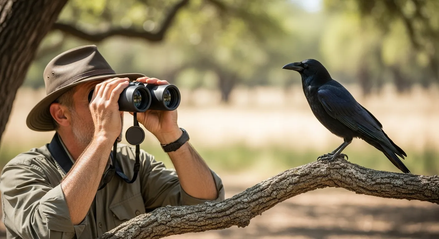 Person observing crow from a distance using binoculars.