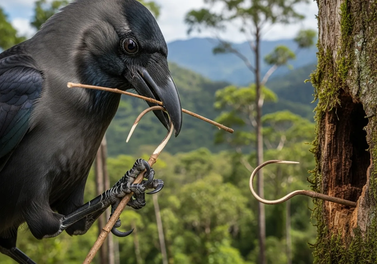 New Caledonian crow using twig tool.