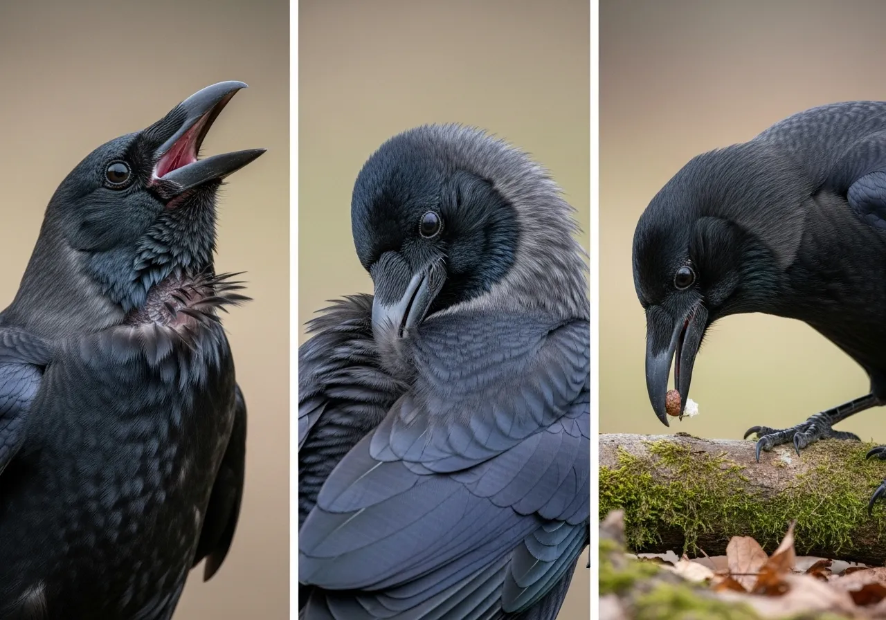 Collage of crow behaviors: vocalizing, preening, interacting.