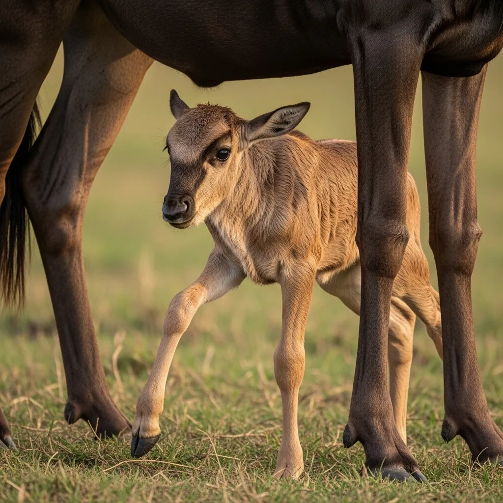 A newborn wildebeest calf takes its first steps amidst a herd of adults.