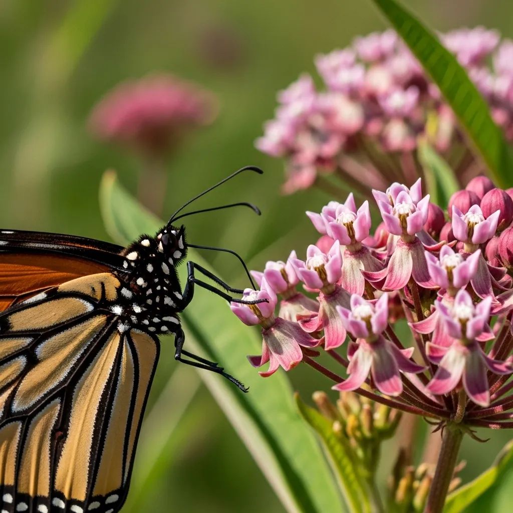 Monarch butterfly feeding on milkweed, proboscis extended.