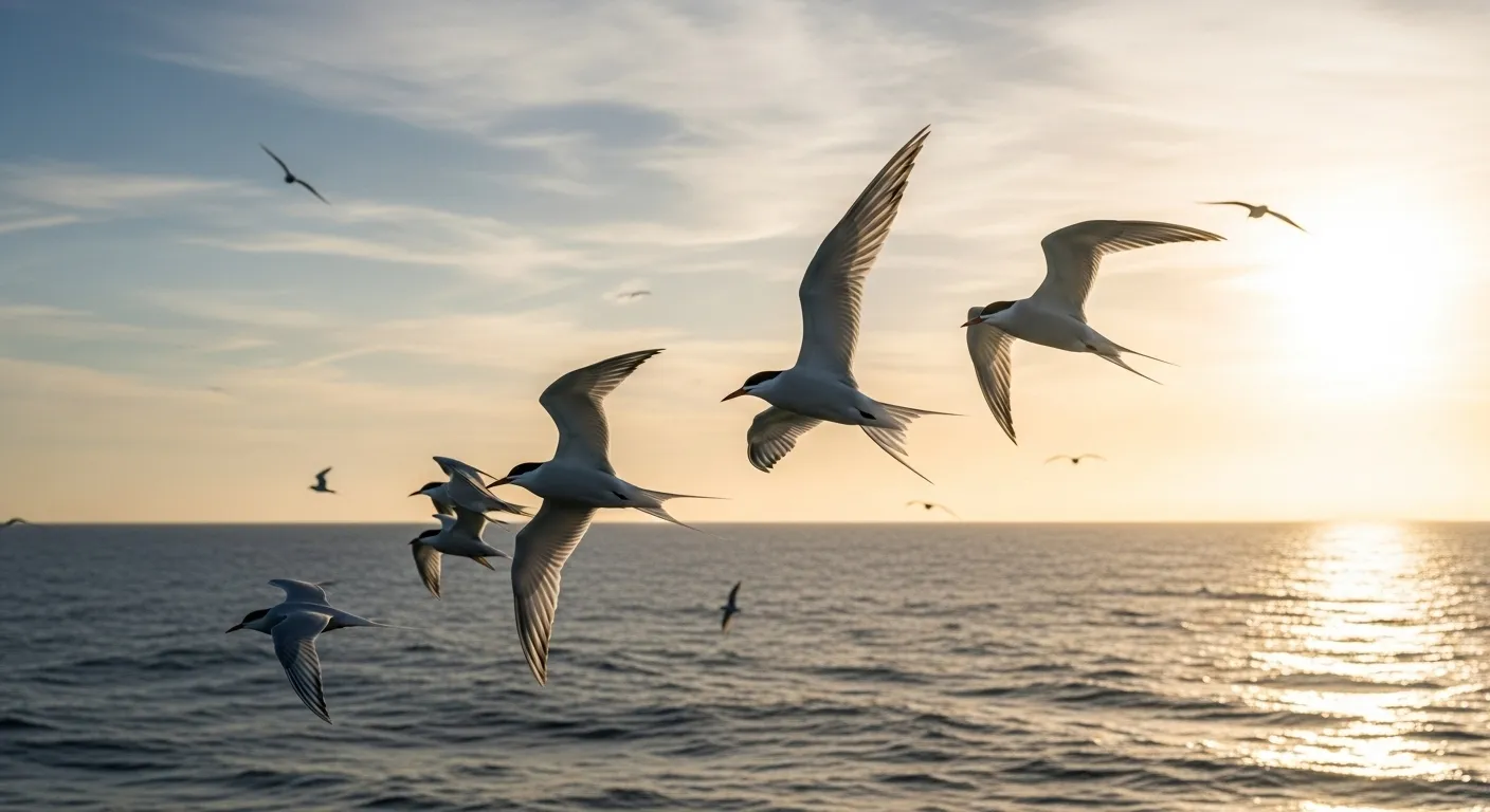 Arctic Terns in V-formation flight over the ocean during migration.