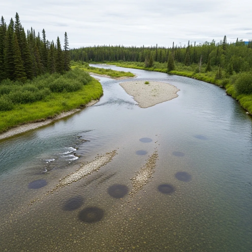 Salmon nests in a riverbed, seen from above.