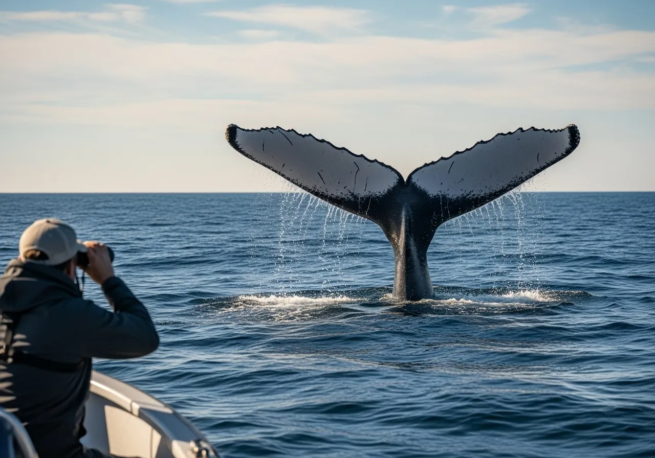 Distant observation of a humpback whale from a boat, respecting wildlife.