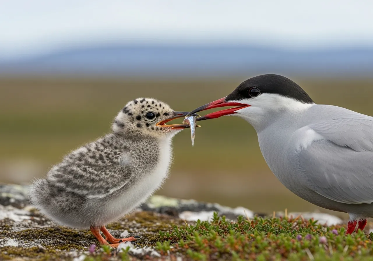 Arctic Tern parent feeding its chick.