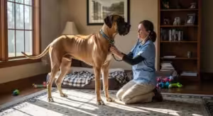 Veterinarian examining a Great Dane during a routine health check.