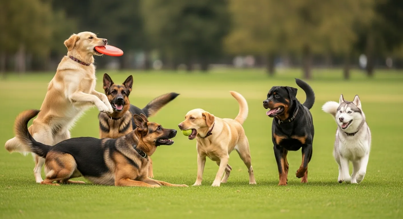 Healthy large dogs exercising in a park.