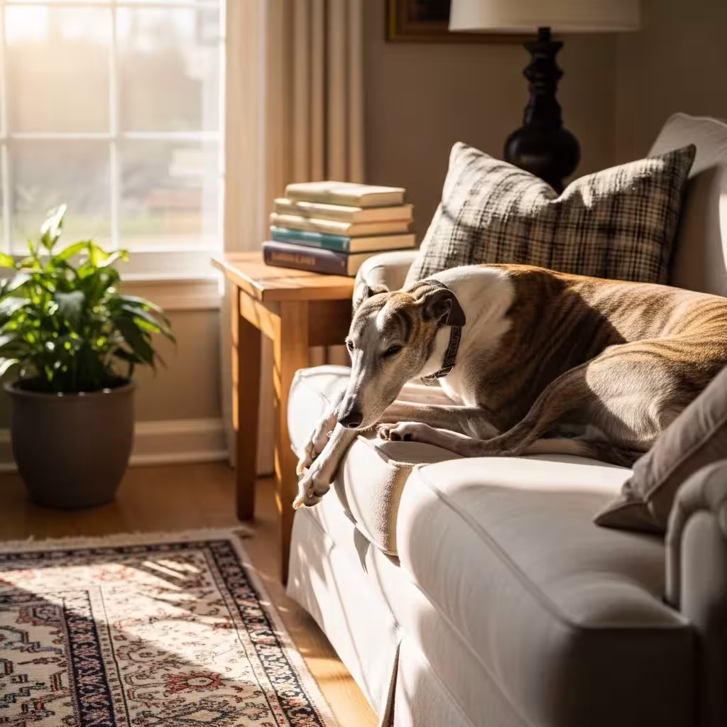 Greyhound lounging on a couch, showcasing its relaxed demeanor.