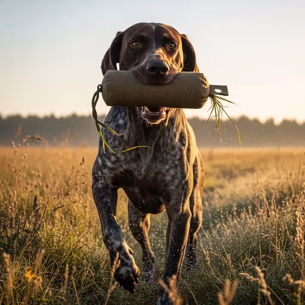 A GSP retrieves a training dummy, displaying its natural hunting abilities and athleticism.