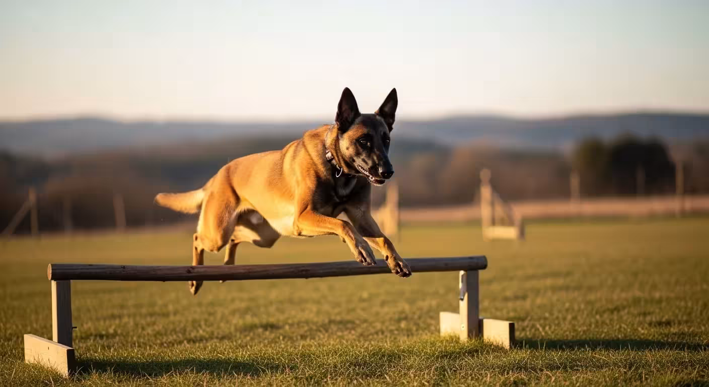 Belgian Malinois dog mid-leap during agility training.