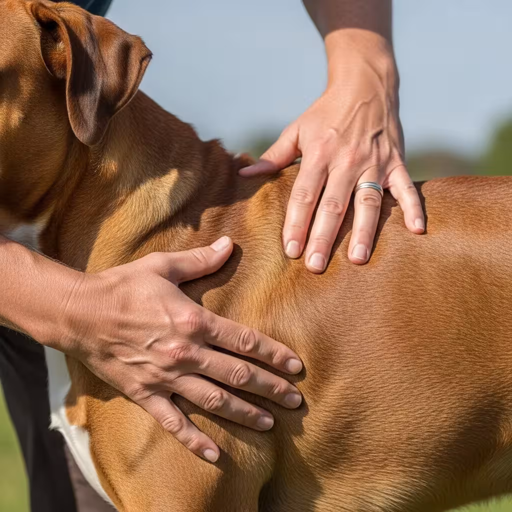 A dog owner checks their dog's Body Condition Score (BCS) by feeling for the ribs.