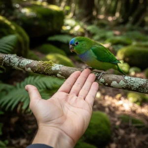 A hand gently interacts with a pet bird.