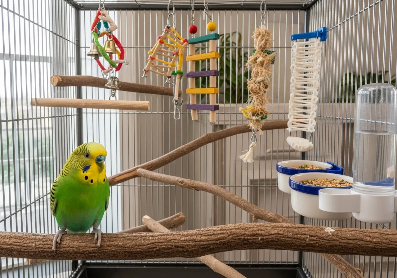 Spacious birdcage with enrichment items in a clean room.