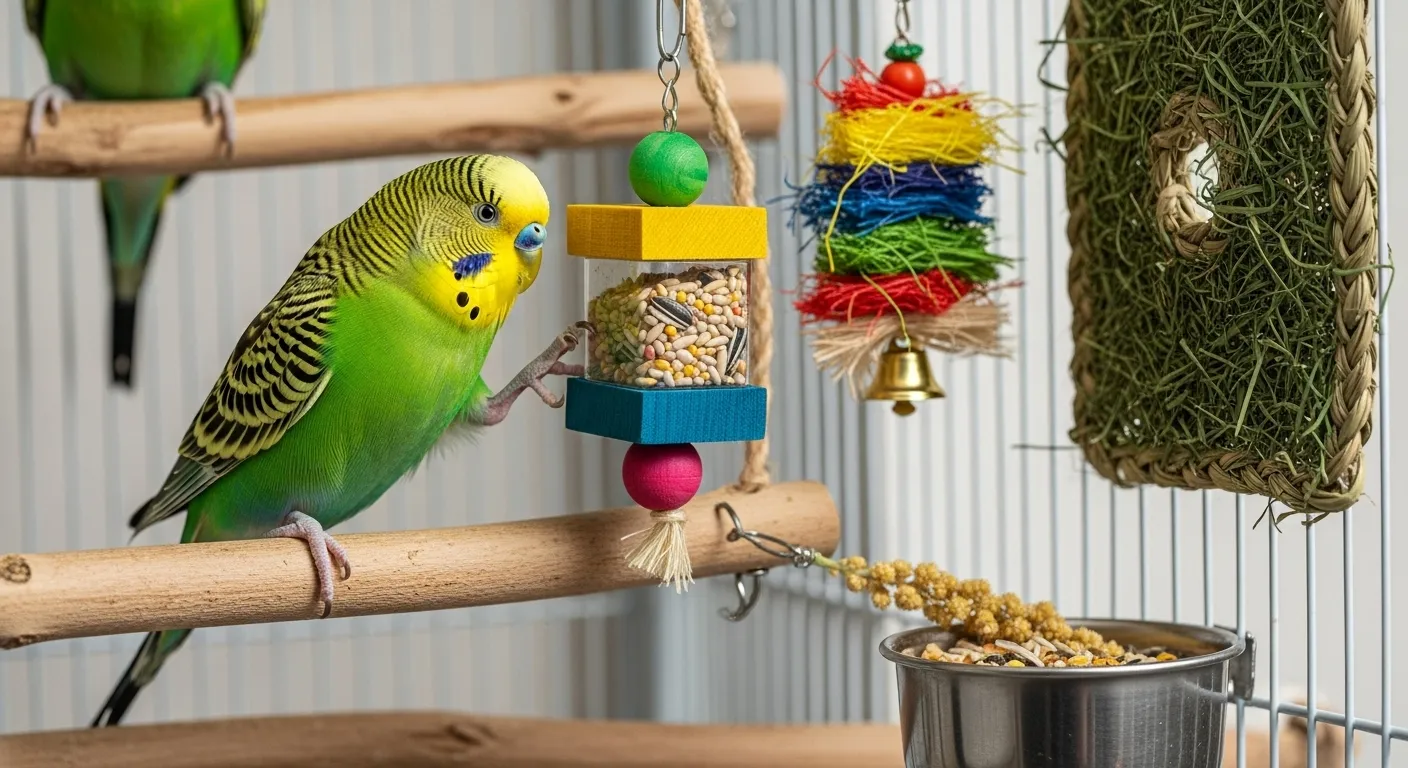 A budgie interacting with its toys, showcasing enrichment and proper care.
