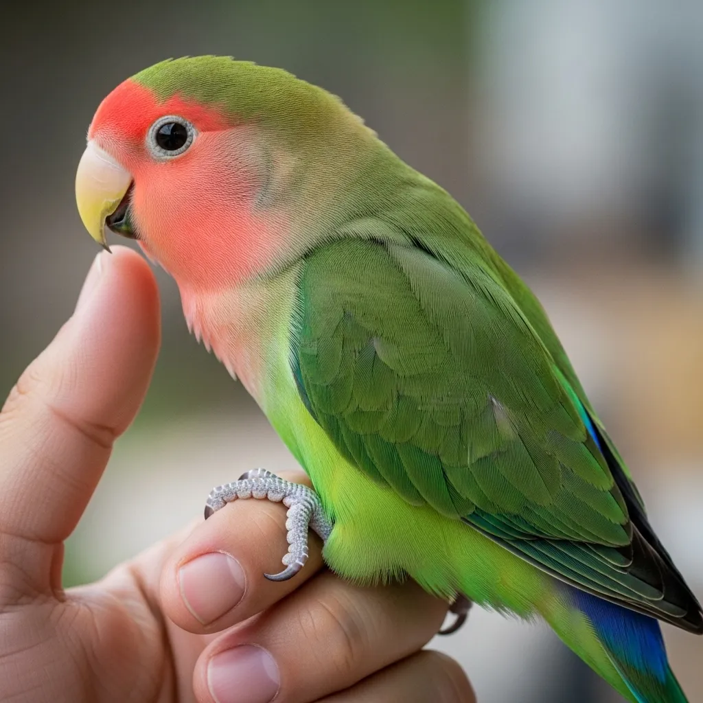 Peach-faced Lovebird interacts with its owner.