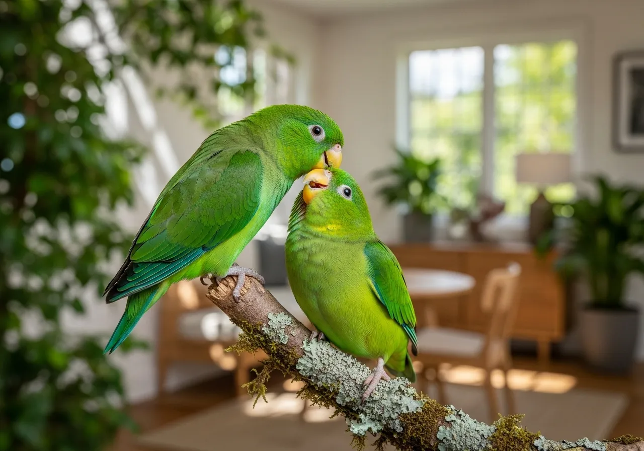 Two Pacific Parrotlets perched together, displaying their social interaction and potential for bonding.