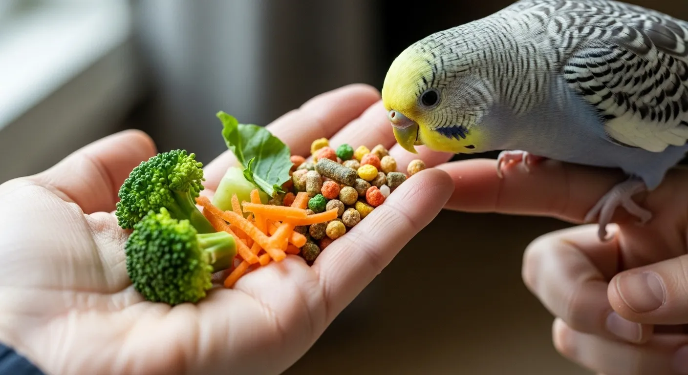 A hand offering fresh vegetables and pellets to a small pet bird.