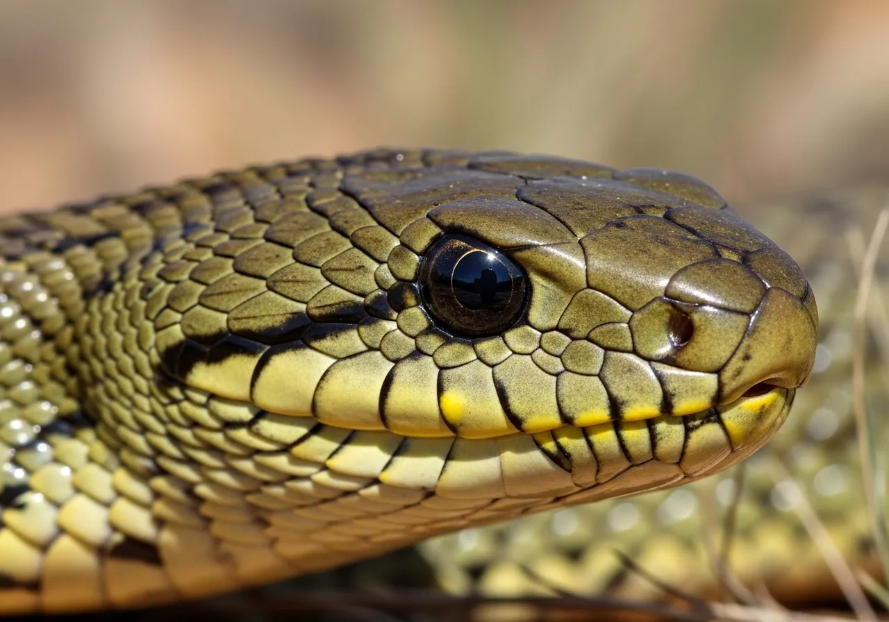 Close-up of Inland Taipan's head, showing scales and eyes.