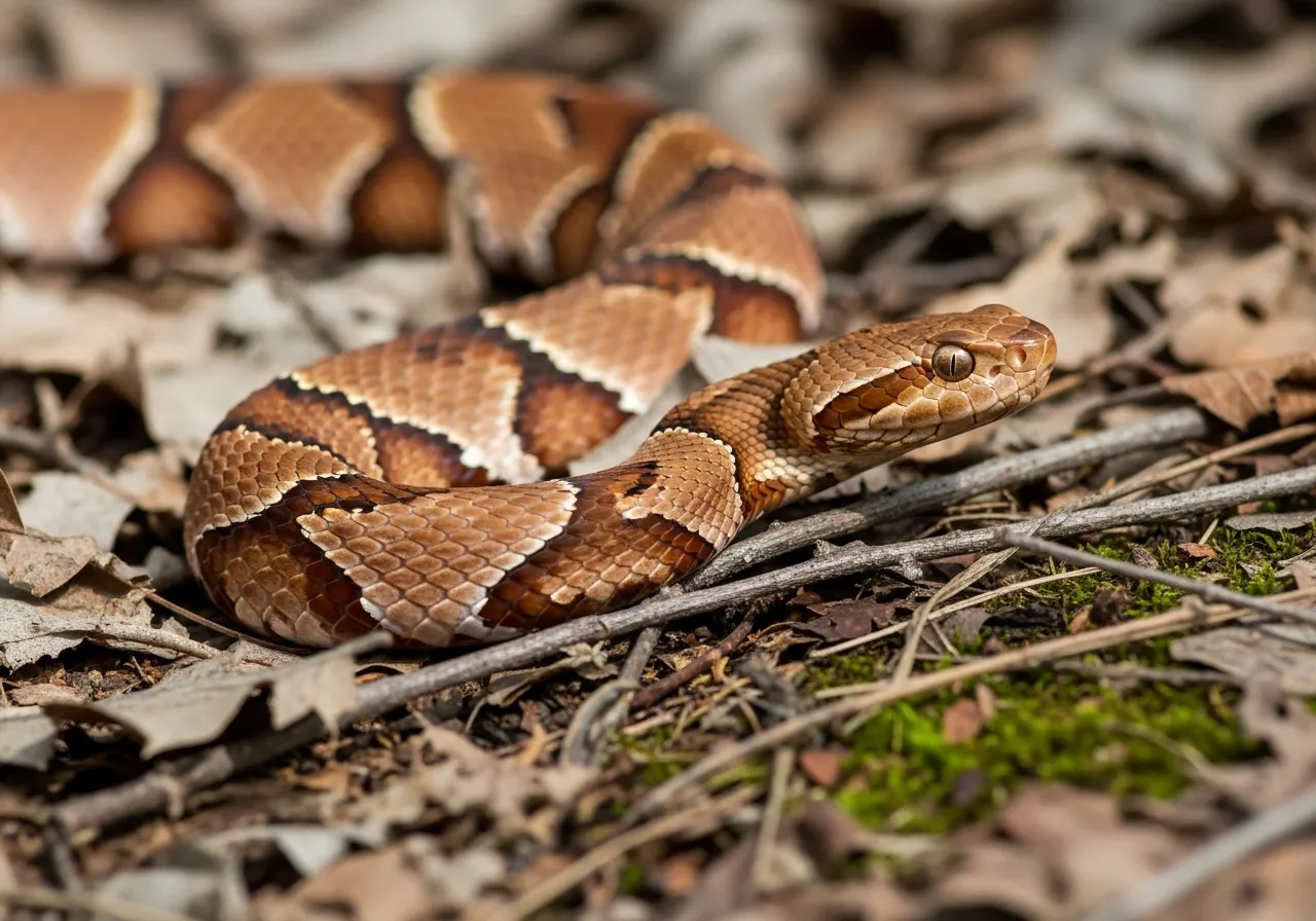 Copperhead snake partially hidden in leaves, typical habitat.