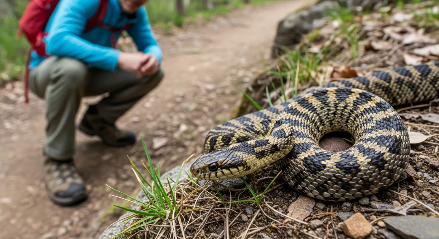 Hiker observing snake from safe distance.