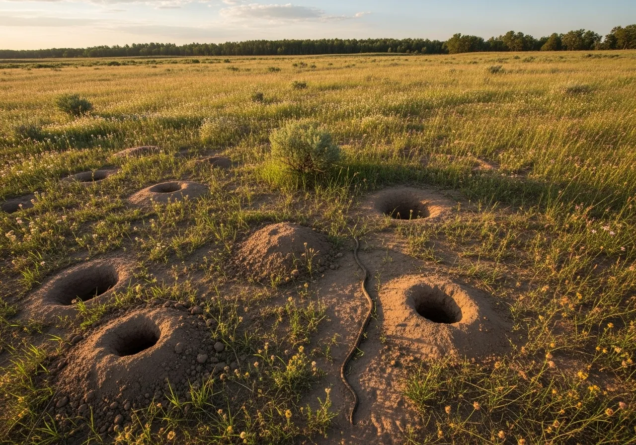 Gopher holes in a field, suggesting the presence of snakes and their role in pest control.