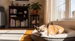 Senior Chihuahua relaxing in a sunlit room.