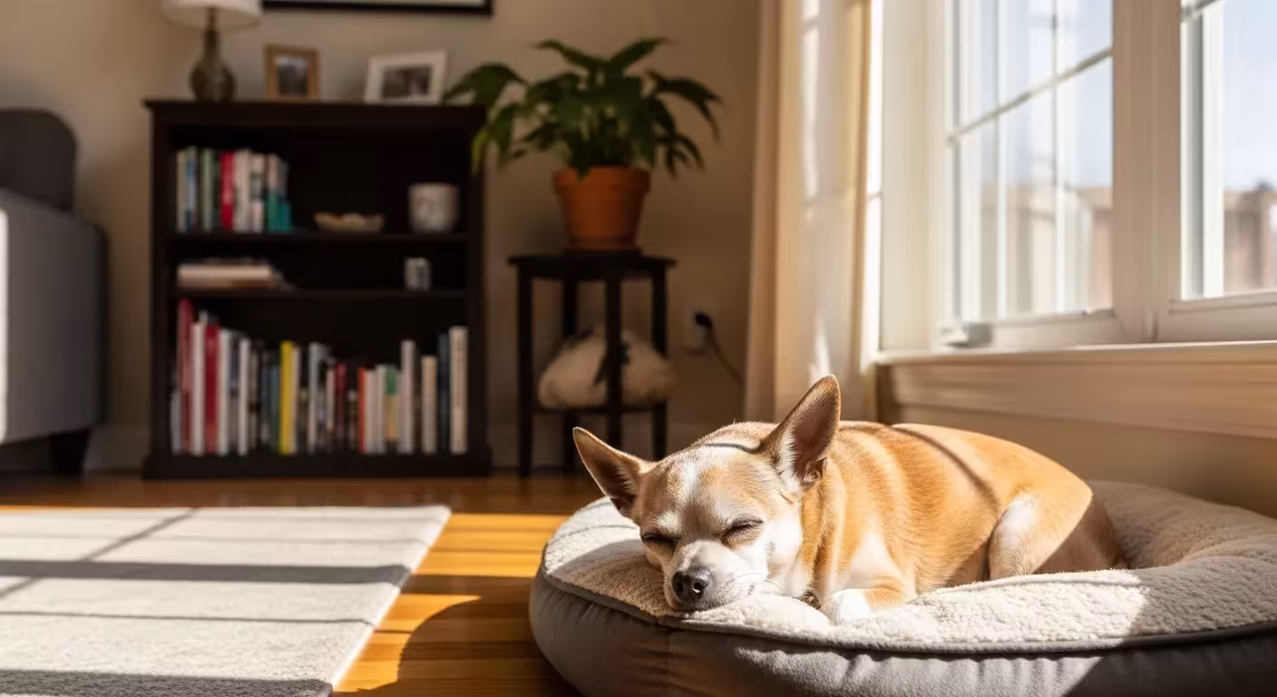 Senior Chihuahua relaxing in a sunlit room.