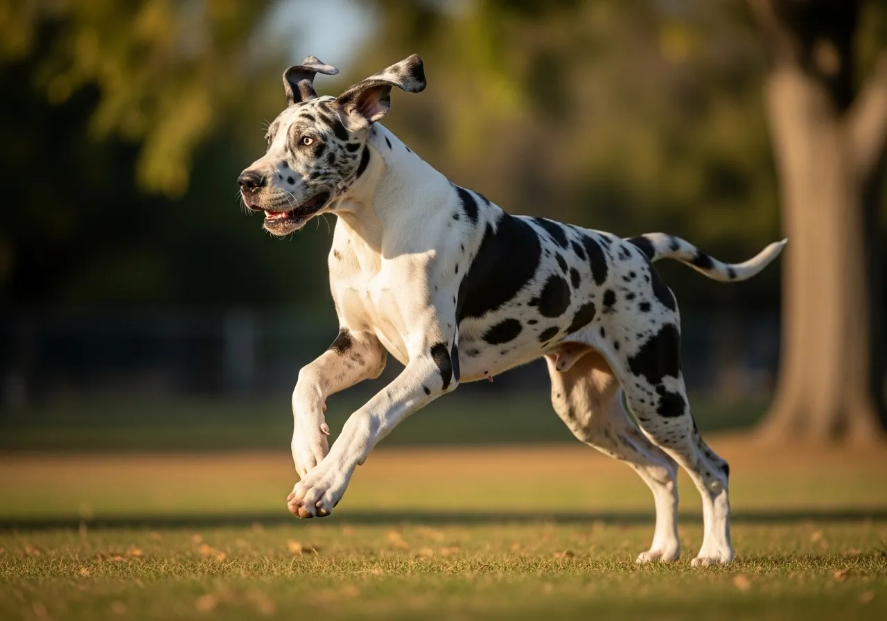 Young Great Dane running in a park, showing size and rapid growth.