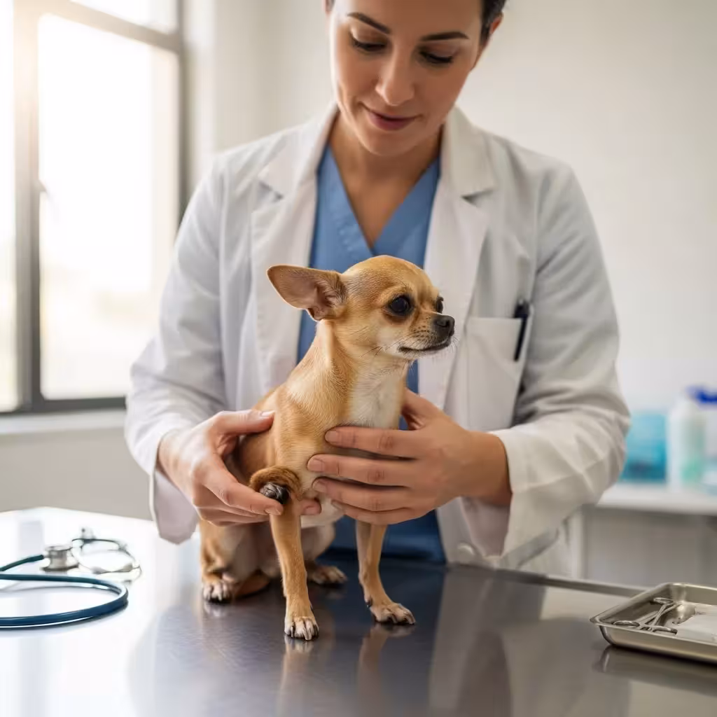 Vet checking a Chihuahua's kneecap for luxation.