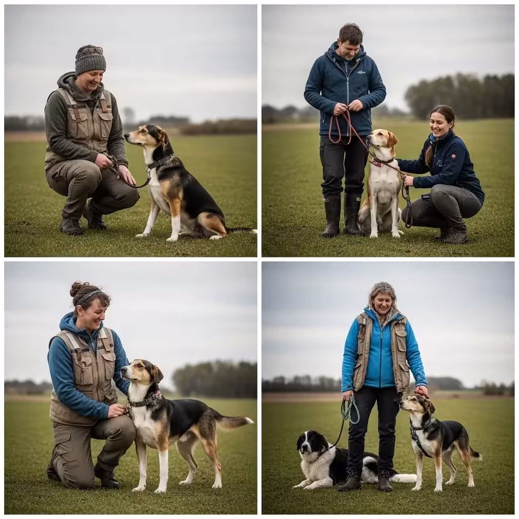 Dog owners practicing healthy habits: balanced diet, regular exercise, playtime, and grooming.