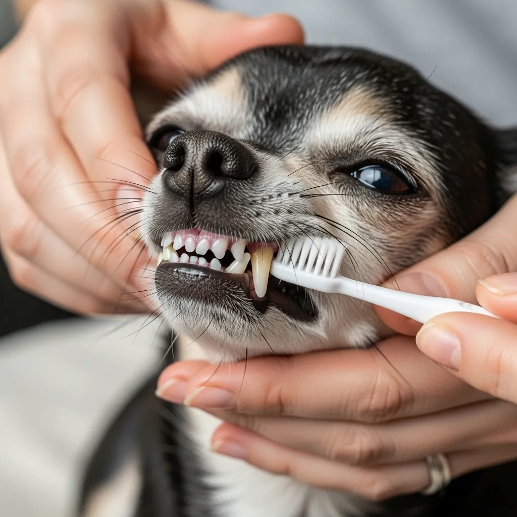 Senior Chihuahua receiving dental care at home.