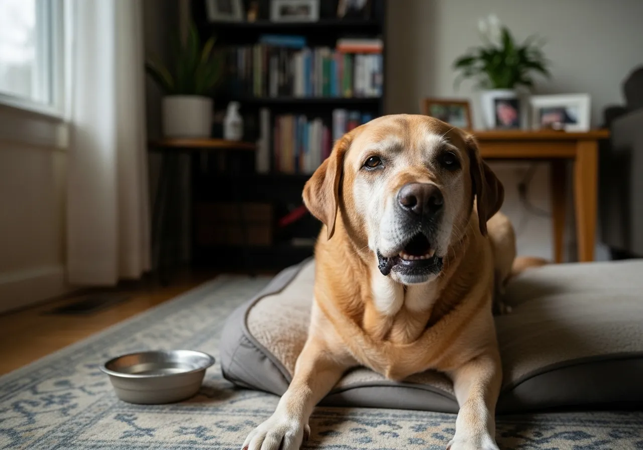 Dog exhibiting labored breathing, a veterinary emergency.