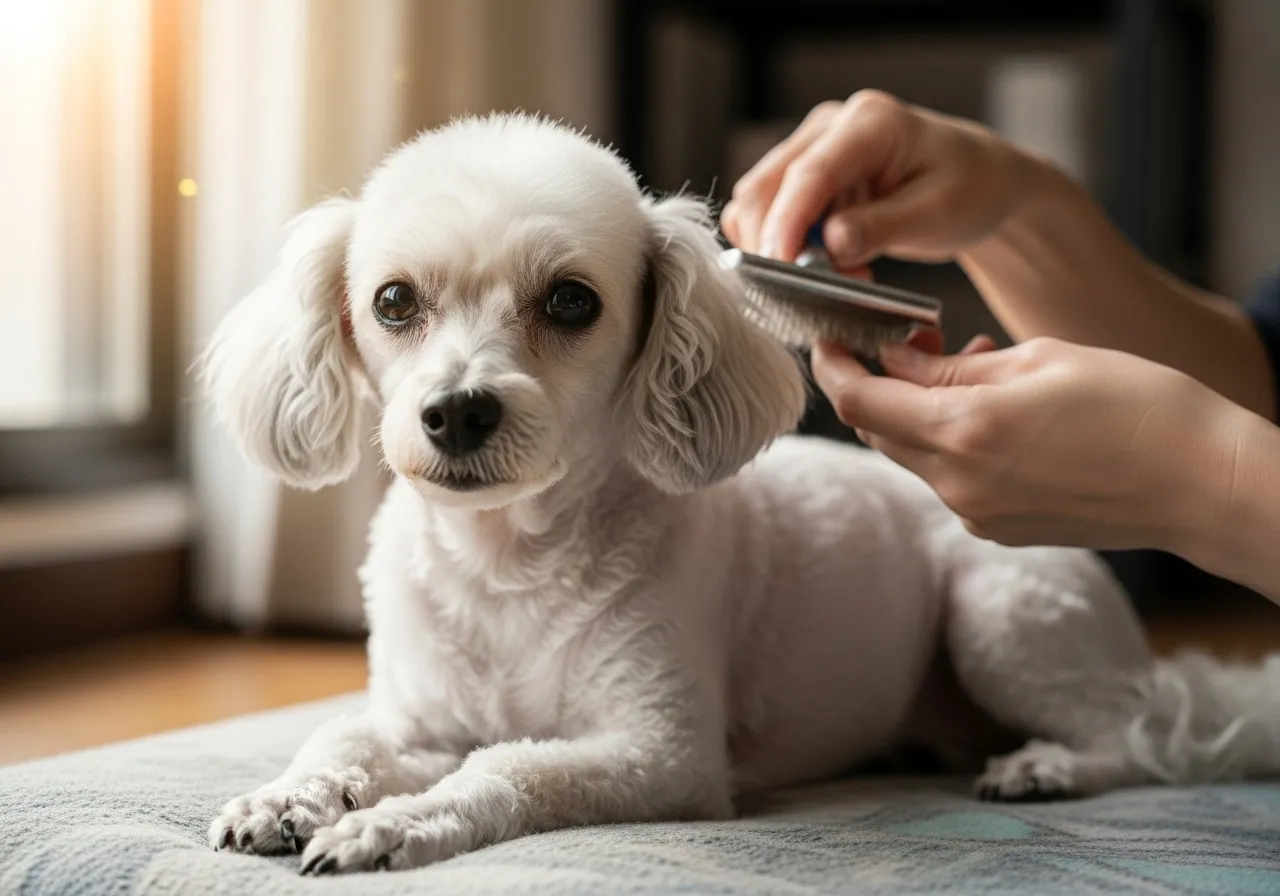 Senior Toy Poodle being groomed by its owner in a sunlit home environment.