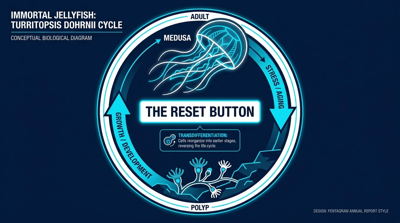 A circular diagram showing the life cycle of the immortal jellyfish as it reverts from medusa back to polyp.