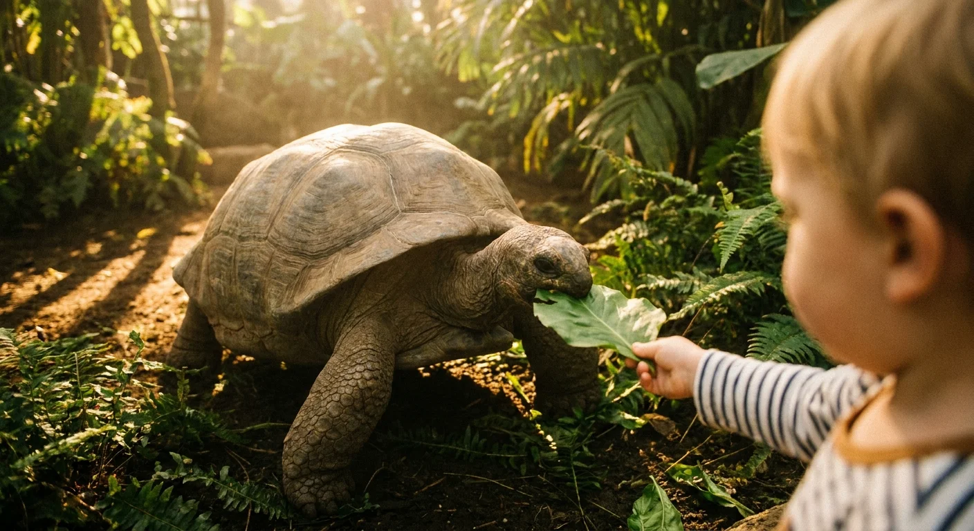 A close-up of an ancient Seychelles giant tortoise being fed by a child in a sun-dappled forest.