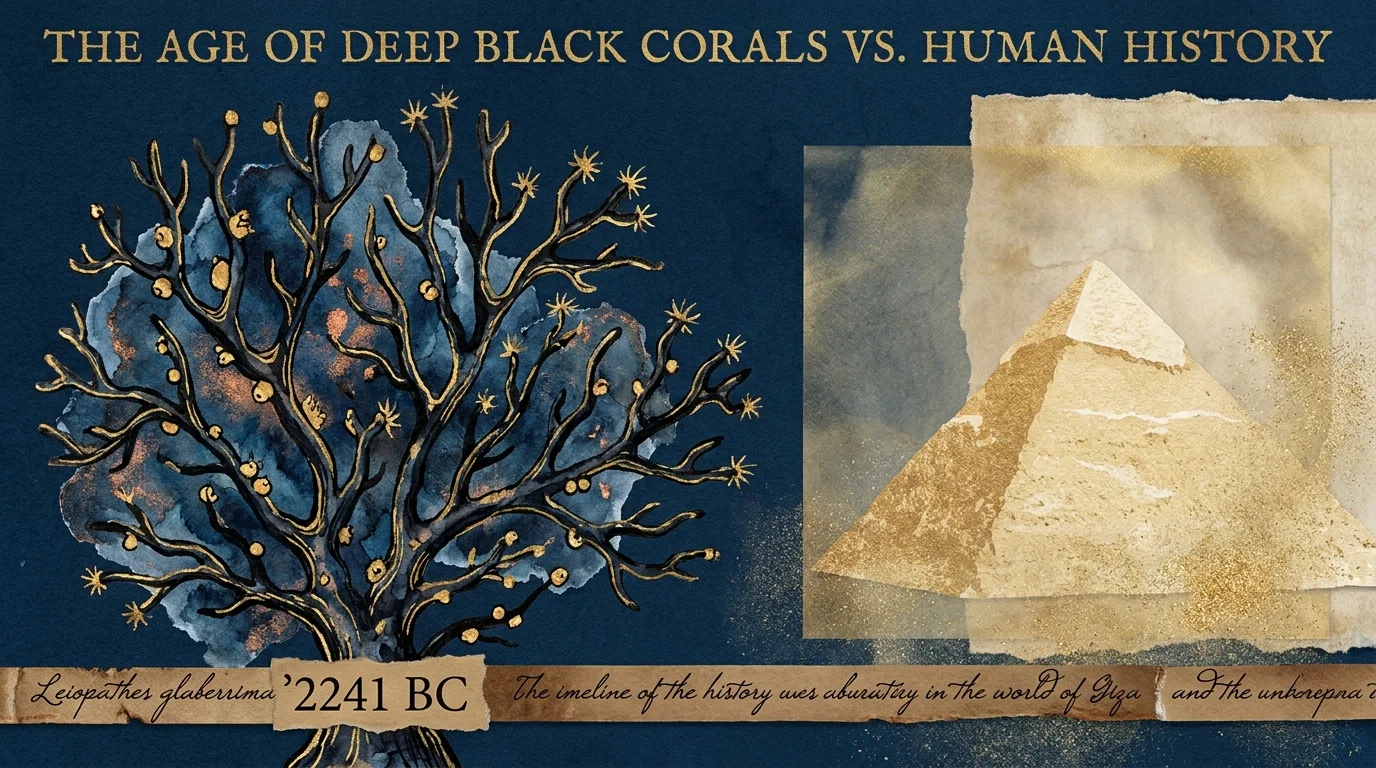 A collage showing a black coral colony next to the silhouette of the Great Pyramid of Giza to illustrate their shared age.