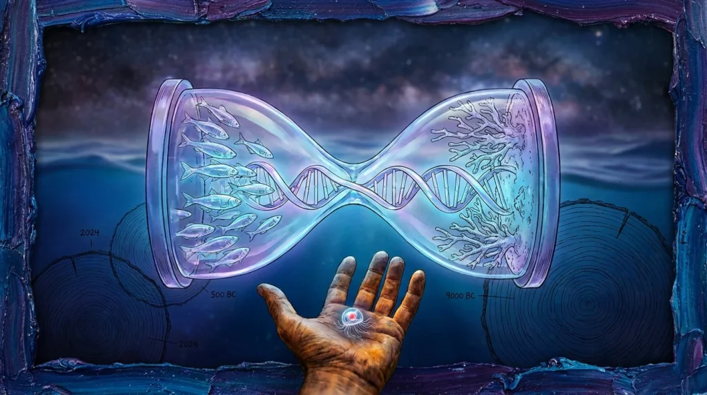 A conceptual hourglass filled with glowing DNA, merging with ocean life and ancient dates, representing long-lived animals.